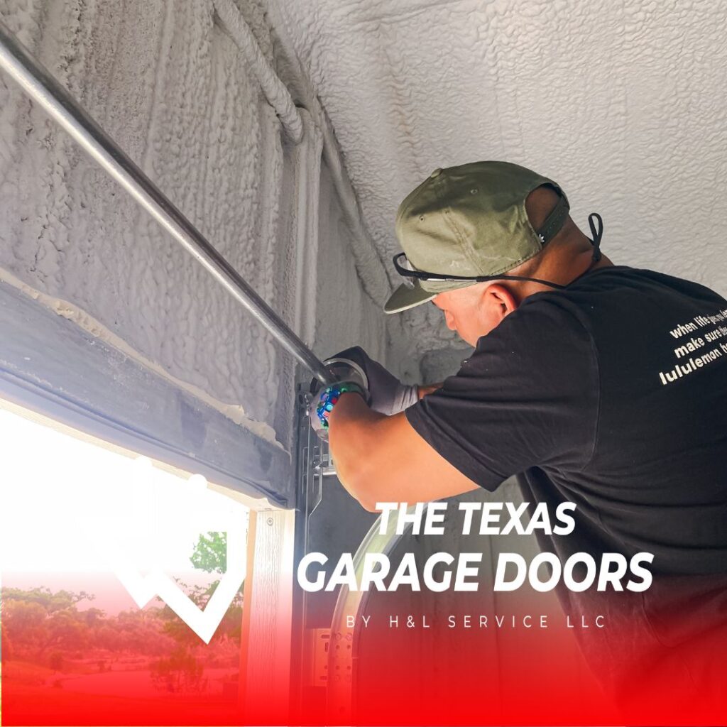 Technician repairing a garage door, with The Texas Garage Doors logo