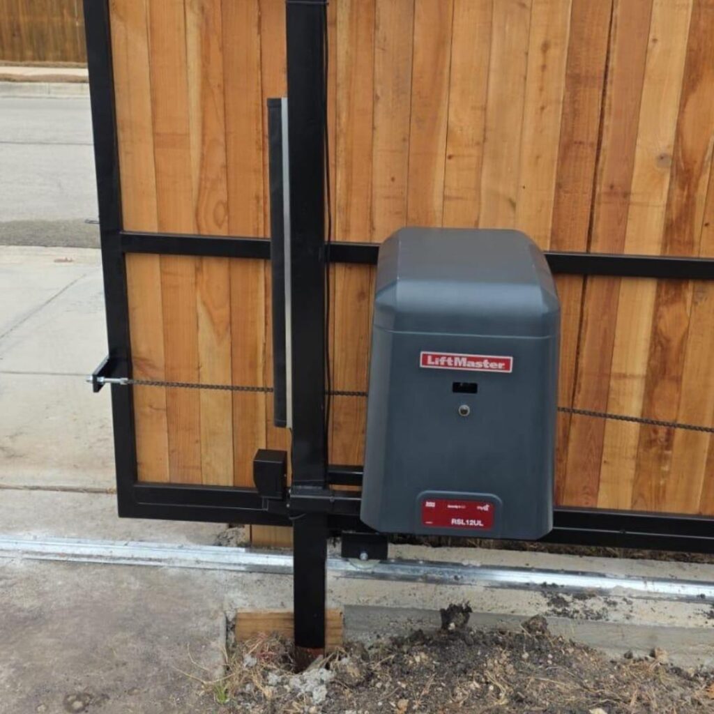 LiftMaster gate operator on a wood and steel gate