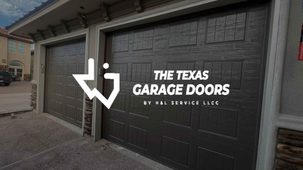 The Texas Garage Doors logo over a black garage door