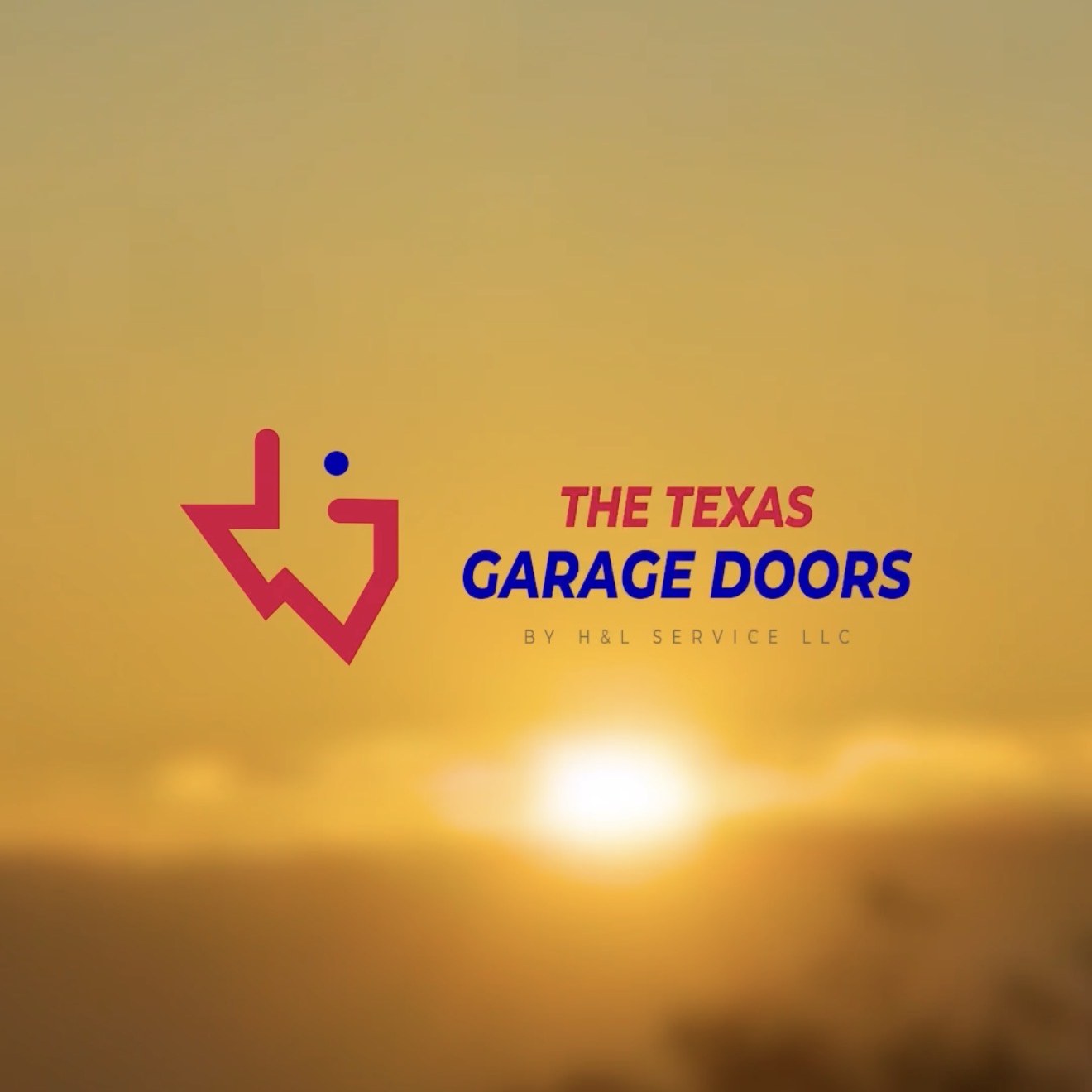 The Texas Garage Doors logo over a Texas Hill Country sunset